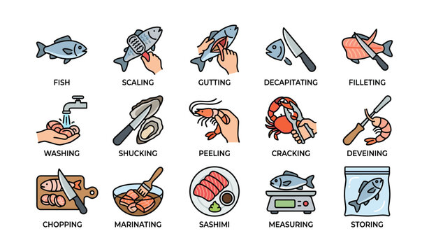 Seafood preparation icons showing fish cleaning and cooking steps