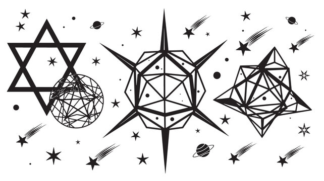 Geometric shapes including a star of David and abstract wireframe spheres float against a white background.