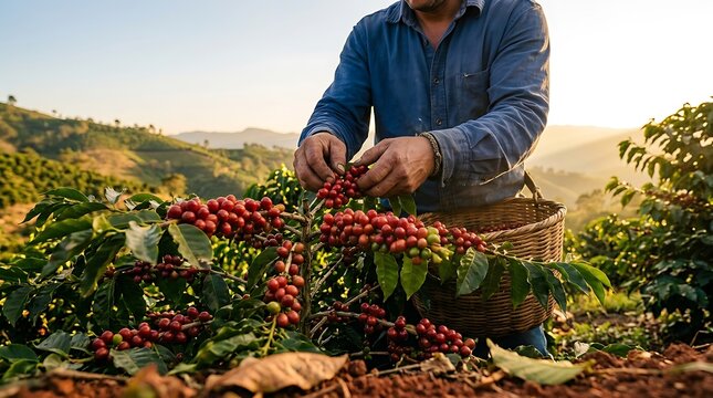 Petani memetik kopi dari tanaman di perkebunan perkotaan saat matahari terbit di pagi hari