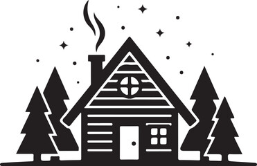 Obraz premium Cozy cabin, wooden house, winter scene, black silhouette, vector illustration