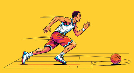 Fototapeta premium An energetic illustration of a basketball player dribbling the ball with dynamism and focus