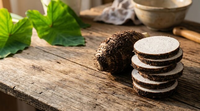 Potongan singkong segar dan utuh di atas meja kayu dengan daun hijau dan alat dapur alami untuk resep tradisional dan bahan makanan sehat