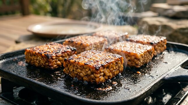 Potongan snack dari kacang dan biji-bijian dipanggang di atas kompor outdoor untuk hidangan cemilan sehat dan gurih di alam terbuka