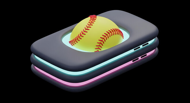A yellow softball with red stitching rests on a stack of futuristic, glowing platforms in neon blue and pink, isolated on a black background, sports technology concept.
