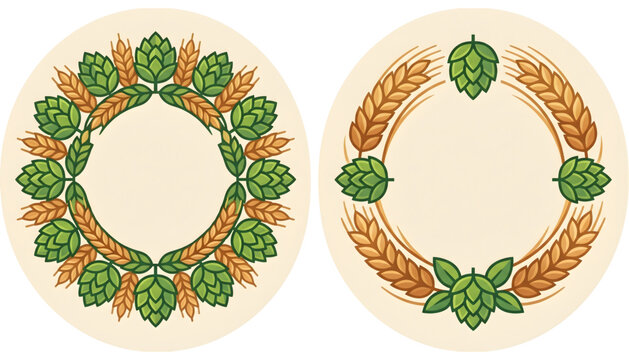 hops and wheat circular frame vector set on transparent background