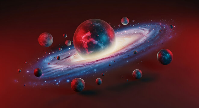 Abstract cosmic nebula with a glowing planet at its center, surrounded by asteroids and smaller celestial bodies, digital art