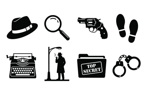 Detective icon set for mystery and crime investigation themes
