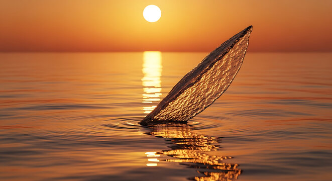 Abstract crystal shard emerging from calm ocean water at sunset, glittering light reflection, warm orange sky, serene atmosphere