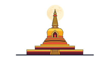Obraz premium Golden Buddhist Stupa Temple with Red and Yellow Details, Simple Flat Design, Isolated on White Background, Symbolizing Spirituality and Enlightenment in Southeast Asia