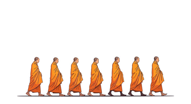 Seven Buddhist Monks Wearing Orange Robes Walking Together In A Procession Isolated Against A Plain White Background For Spiritual Concepts teacher