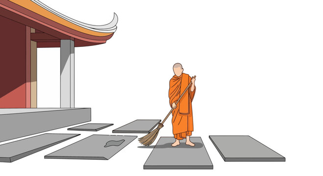 Buddhist monk sweeping temple grounds in traditional orange robes with broom, Asian architectural background, digital illustration, serene scene