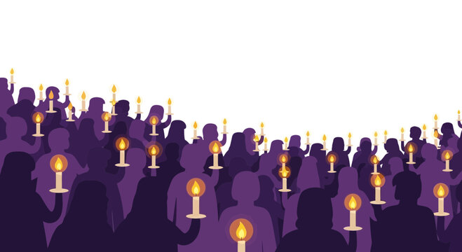 A large crowd of people holding lit candles in a peaceful protest or vigil at night in a minimalist vector silhouette style on a white background with purple hues