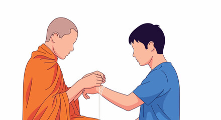 Fototapeta premium Buddhist Monk Performing Traditional Wrist Tying Blessing Ritual for a Young Man Seeking Spiritual Guidance and Good Fortune in a Calm Setting