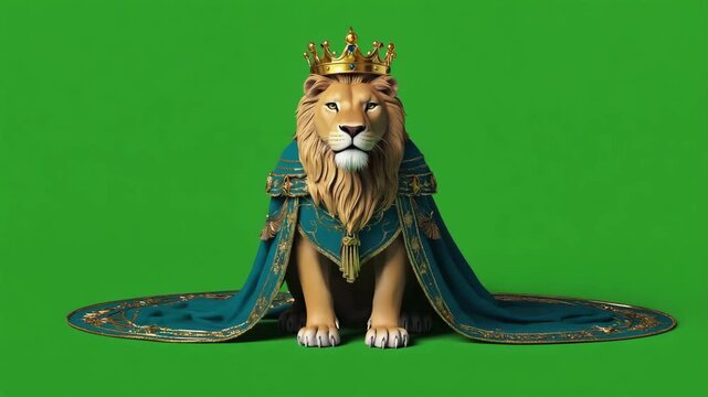 Majestic Lion King in Regal Attire Stock Video with Green Screen Background