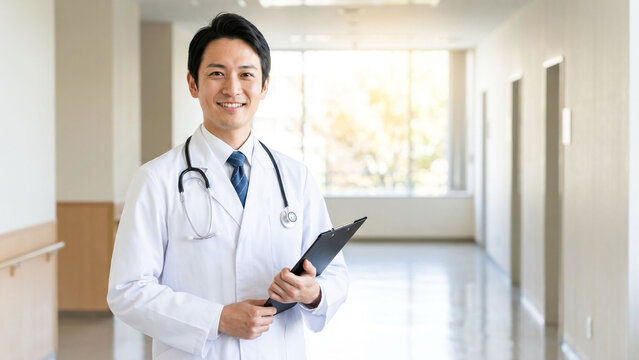 やわらかな自然光が差し込む院内通路で微笑む男性医師のビジネスポートレート、聴診器とバインダーを手にした誠実で親しみやすい医療専門職として、病院案内・診療予約・地域医療・健康相談・予防医療の販促や広報に活用しやすい広告向け人物素材