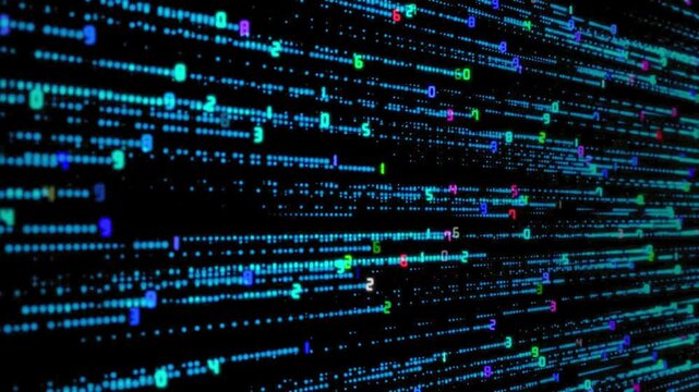Cyber Security Concept Animation Featuring Horizontal Lines of Streaming Data and Numeric Particles in a Dark Digital Space.
