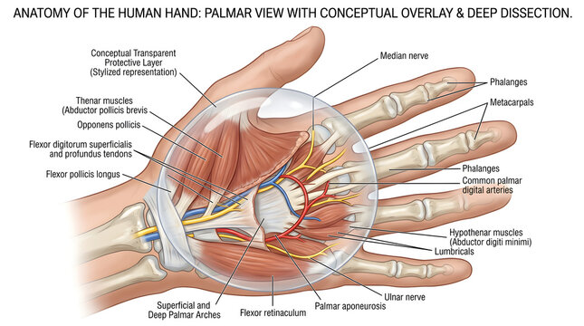Anatomy of the human hand, palmar view with conceptual transparent overlay and deep dissection, illustrating palmar aponeurosis, flexor tendons, lumbricals, thenar and hypothenar muscles, digital nerv