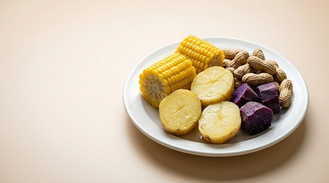 Sajian Makanan Penuh Warna dengan Kentang, Jagung, Ubi Ungu, dan Kacang Kenari dalam Piring Putih untuk Hidangan Sehat dan Lezat