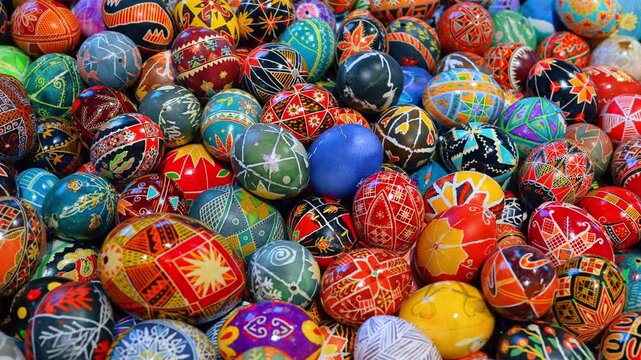 Collection of traditional Ukrainian painted Easter eggs pysanky. Large pile of colorful handcrafted eggs with geometric patterns and folk designs in various vibrant colors.