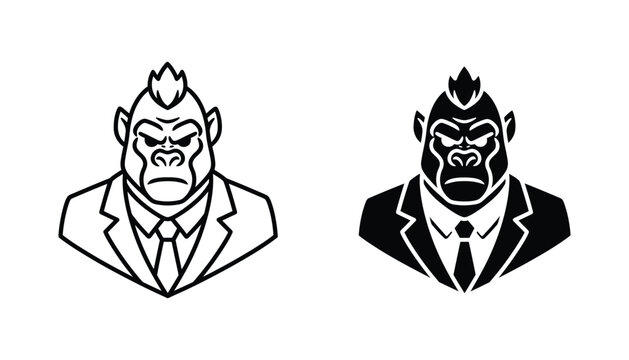 Corporate gorilla mascot wearing suit and tie icon set for business leadership and aggressive professional branding in clean vector style