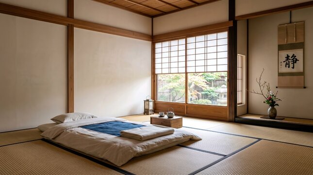 traditional japanese bedroom with futon on tatami mat floor