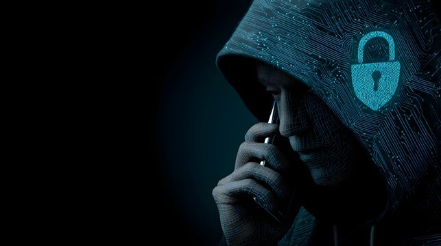 Shadowy individual with a digital padlock symbol on their hood, holding a phone