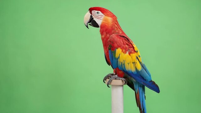 Scarlet Macaw Parrot Stock Video Perched on a Pole Against a Green Screen Background