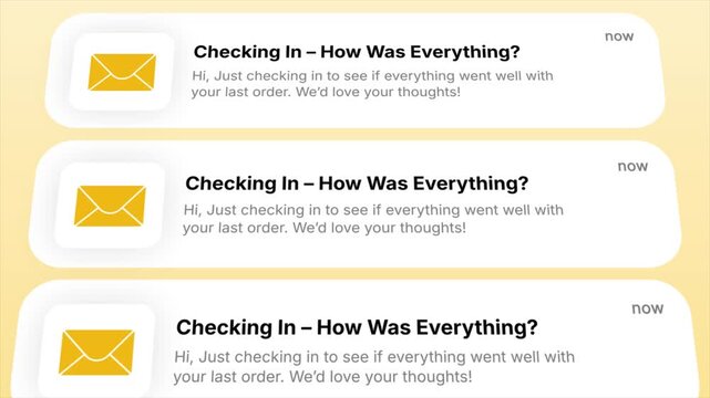 Checking In customer feedback notification appears in an animated digital display. Ideal for showcasing customer feedback requests, order satisfaction, and e-commerce post-purchase flow.