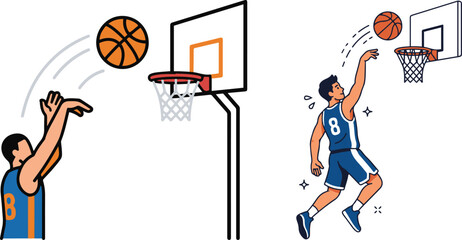 Vector illustration of basketball players shooting and dunking, showcasing different scoring actions in a dynamic cartoon style. © Muntaha Studio