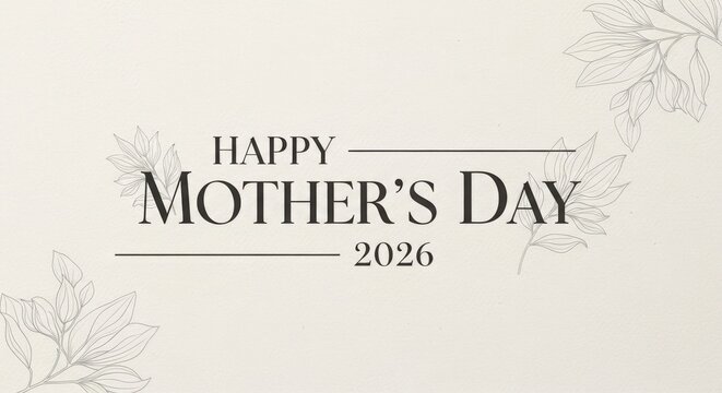 Happy mothers day 2026 elegant greeting card design with botanical line art illustrations