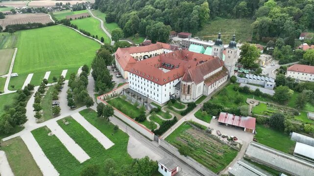 Aerial view Plankstetten with Benedictine Abbey, Plankstetten, Berching, Bavaria, Germany,