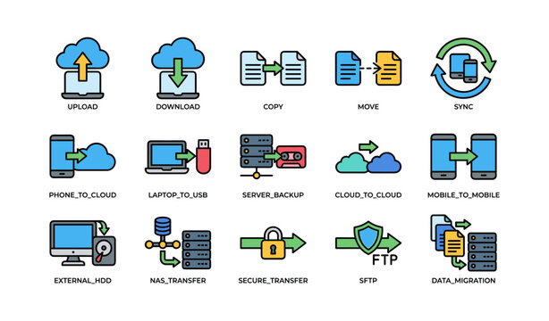 File transfer icons showing upload download migration on grid