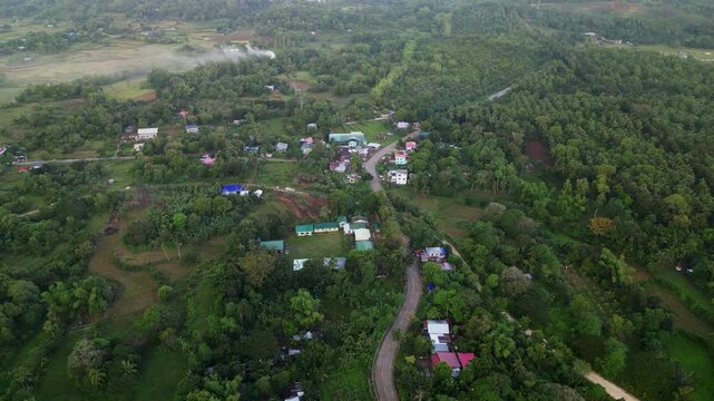 Aerial view of winding road meanders through a lush village landscape with vibrant homes at Guimaras, Philippines. Ideal for travel and rural lifestyle projects.