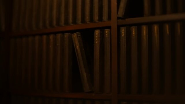 Rows of vintage leather-bound books line dimly lit wooden shelves in a scholarly library or antique archive, evoking academia, research, and quiet intellectual pursuit