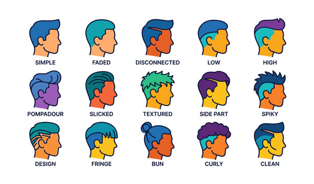 Male profile hairstyle icons showing diverse haircuts on white