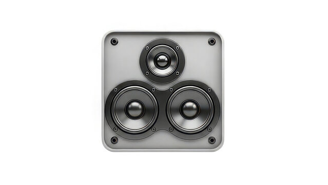 Silver speaker system with dual woofers and a central tweeter isolated on white background