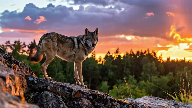 Majestic wolf pauses on a rocky outcrop, silhouetted against a dramatic sunset sky, embodying the wild spirit of nature.