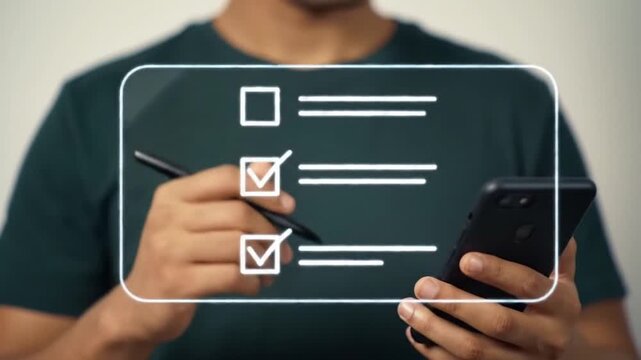 Person's hand checks items on a digital to-do list on a smartphone with a stylus, close-up, stock media