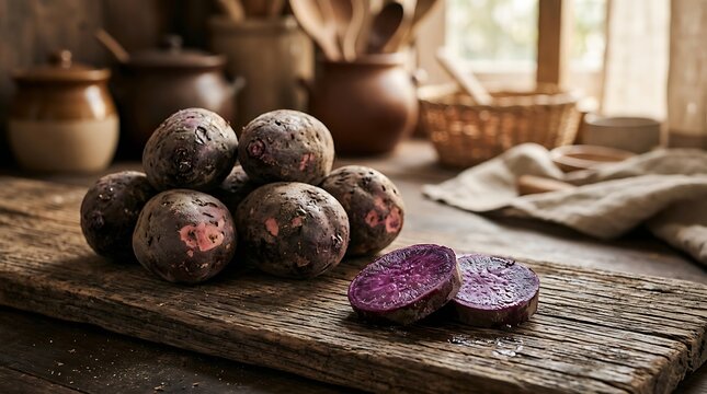 Tumpukan ubi ungu segar di atas papan kayu di dapur tradisional dengan pencahayaan alami dan alat dapur di latar belakang