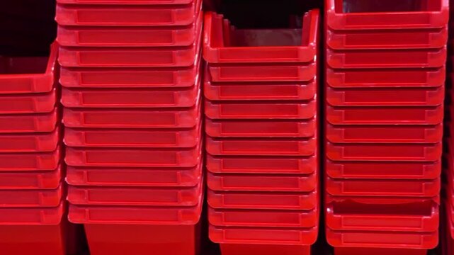 Stacks of red plastic bins for storage