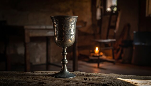 A single tarnished pewter goblet with a slightly bent rim, resting on a rough-hewn wooden surface, with a candle glowing in the background.