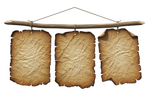 Three old parchment scrolls hanging from a wooden dowel isolated on transparent background