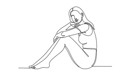Obraz premium Woman sitting in thoughtful pose sketch with line art contemplative thoughtful illustration