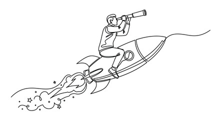 Fototapeta premium Man riding rocket with telescope sketch line art telescope exploration illustration ambition