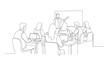 Obraz premium Team meeting with presenter at whiteboard team building business presentation collaboration