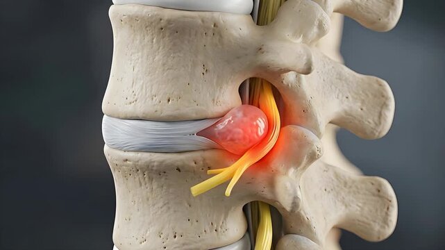 Close Up Medical Animation of Lumbar Spine Disc Herniation Causing Sciatic Nerve Pinched Showing Red Inflamed Tissue Against Dark Blurred Background