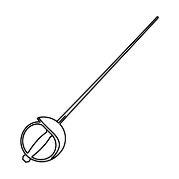 A simple black and white line art drawing of a classic rapier sword, featuring a long, slender blade and a protective hilt.