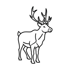 Obraz premium Simple black and white line art illustration of a standing reindeer with large antlers, depicted in profile view.