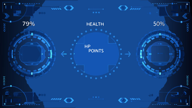 Futuristic user interface displaying health and hp points with circular gauges and percentages