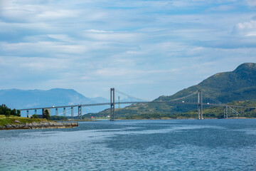 Fototapeta premium Gravdal bridge in Northern Norway with fjord landscape